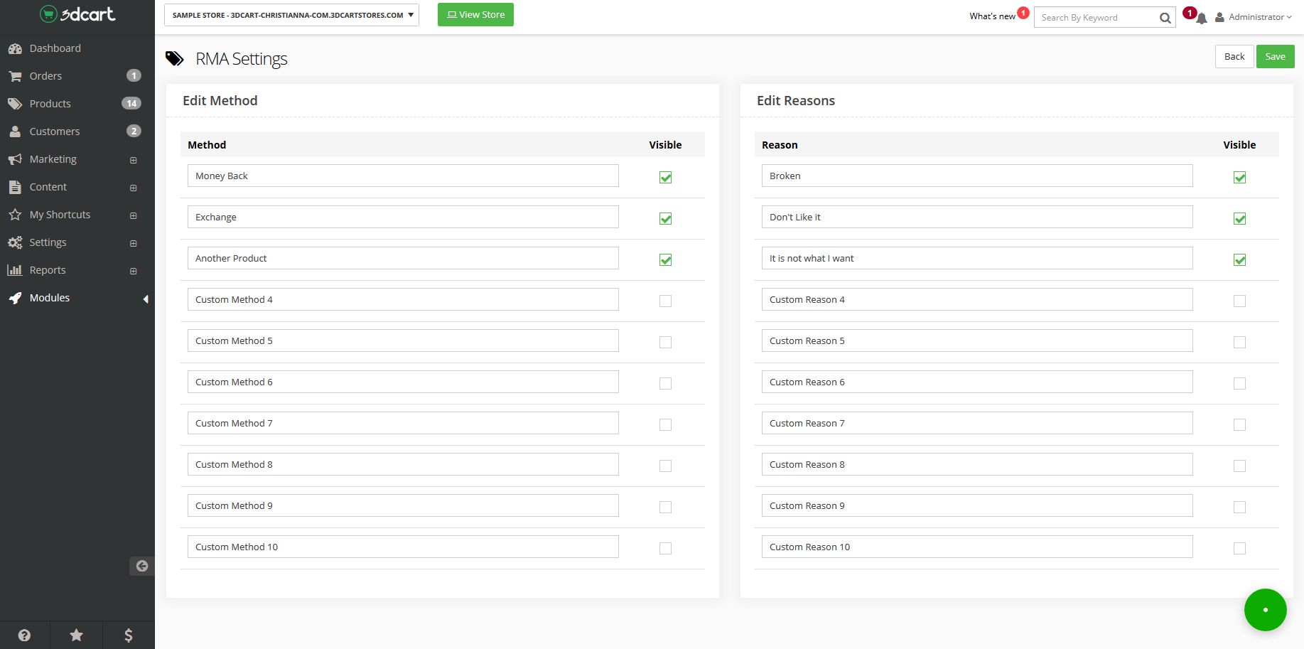 RMA Methods and Reasons settings